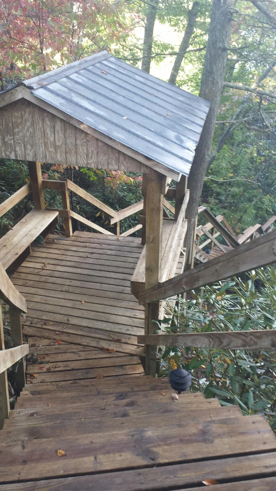 Metal roofed shelter over wooden steps on a wooded walkway — Skylight Repair & Installation work by our crew in Stephenson